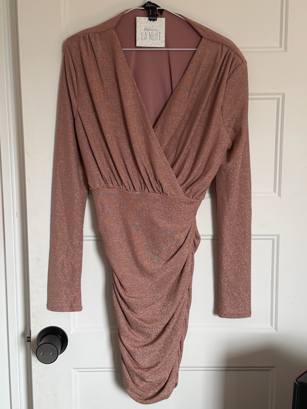 Revamped Rose Gold Shimmer Long-Sleeve Wrap Dress
